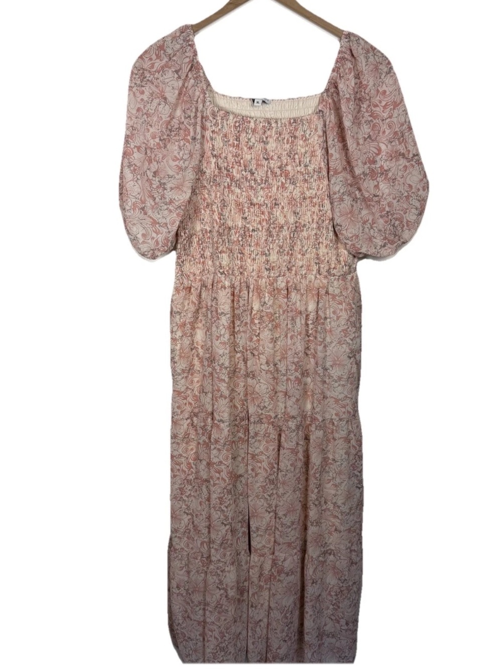 Baltic born Tiered Midi Dress Puff Sleeve Pink Florals Size XL Romantic Smocked